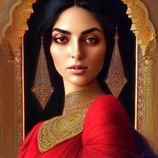 Image similar to Beautiful portrait of a Persian Princess who is an architect, beautiful princess, face painting, architecture, persian style architecture, dramatic lighting, intricate, wild, highly detailed, digital painting, artstation, concept art, smooth, sharp focus, illustration, black+velvet+red, art by artgerm and greg rutkowski and alphonse mucha, footage from space camera