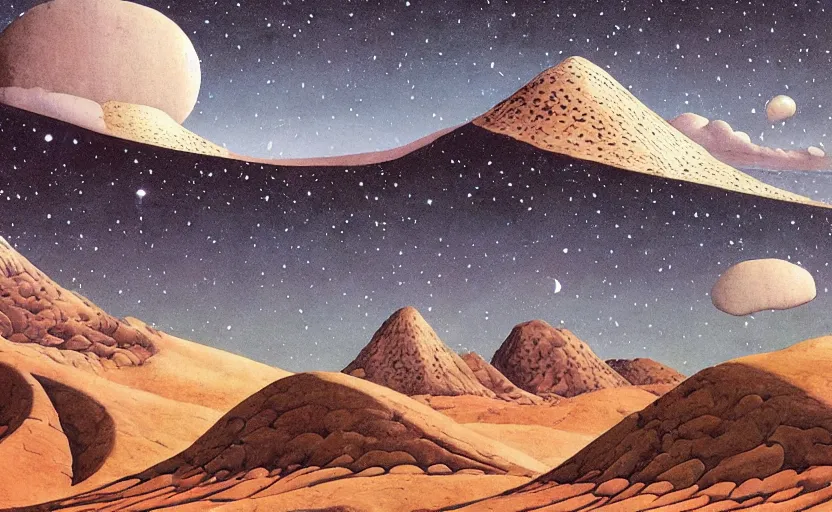 Prompt: mountains, stars and paisley filled sky, artstation, intricate, highly detailed, digital painting, concept art, sharp focus, illustration by Roger Dean and Piero della Francesca
