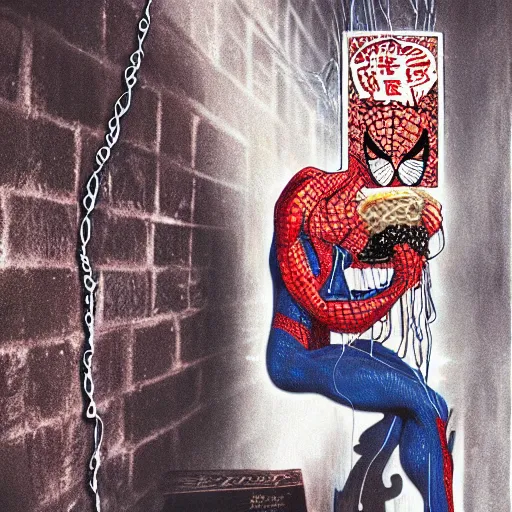 Prompt: spiderman eating ramen in a liminal space, H.R. Giger, creepy, found footage, liminal space, realistic, 4k