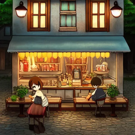 Image similar to beautiful cute cozy little cafe on a cobblestone street in a tiny town, anime style of hayao miyazaki, digital art trending on artstation