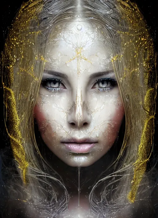 Image similar to glowing silver and golden elements, full close-up portrait, female portrait model from shutterstock as a dark evil looking witch, book cover, green forest, white moon, red lips, establishing shot, extremly high detail, photo-realistic, cinematic lighting, pen and ink, intricate line drawings, by Yoshitaka Amano, Ruan Jia, Kentaro Miura, Artgerm, post processed, concept art, artstation, matte painting, style by eddie, raphael lacoste, alex ross