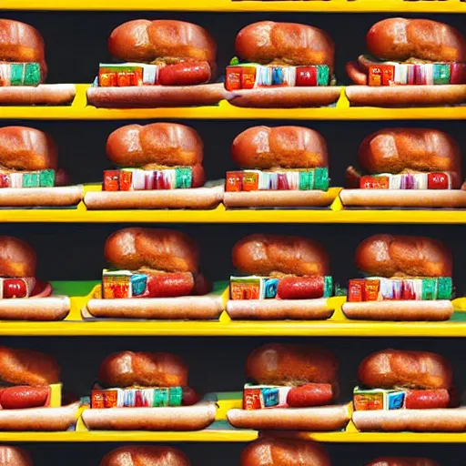 Prompt: “ hot dogs stacked on shelves in a library ”