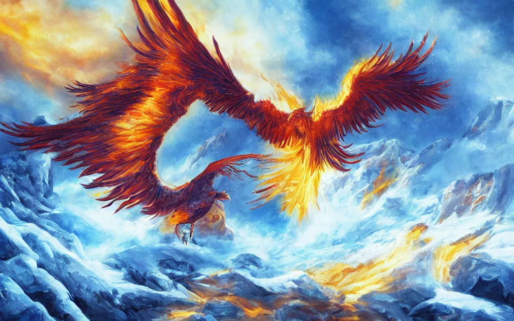 Image similar to game cg painting of a phoenix, a phoenix in a mountain range of ice and snow in nirvana