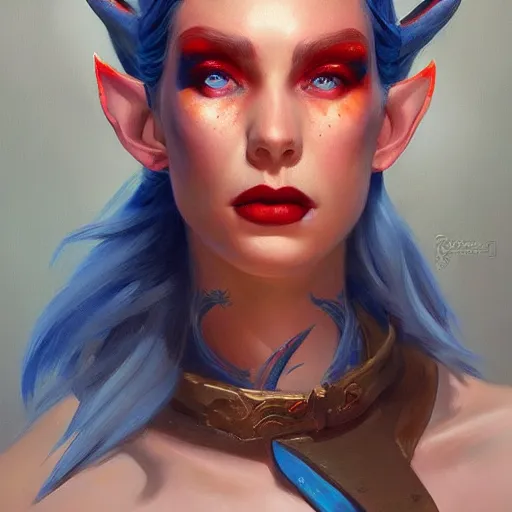 Image similar to A detailed matte oil on canvas portrait of a elven woman with blue red heterochomia and red hairs by greg rutkowski and Charlie bowater, trending on artstationhd, dungeons and dragons art