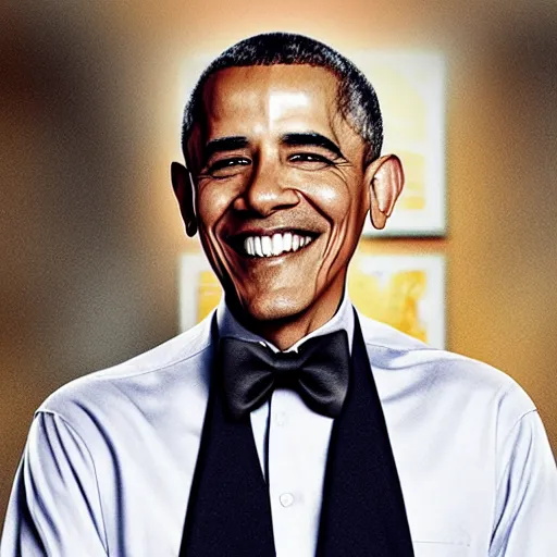 Image similar to realistic photo of casual obama with red hair wearing a black sweater and a green bow tie, still from riverdale