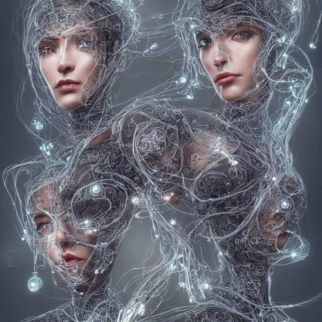 Prompt: one very beautiful woman integrating with technology, full face frontal centered, portrait, insipiring, detailed intricate ornate cables connected to head, big open electric eyes, luxurious detailed abundent wiring and implants, diamonds, sci-fi, neon, emeralds, detailed technology full background, highly detailed, artstation, Rene Lalique and Eddie Mendoza