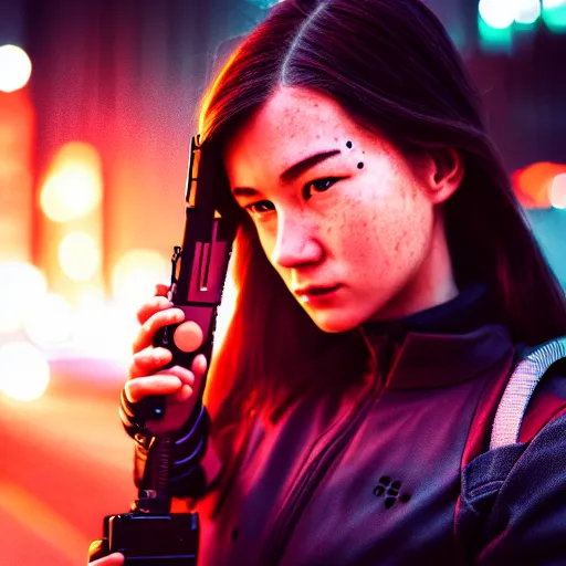 Image similar to cinestill 5 0 d candid photographic portrait of a techwear woman holding a gun on the rooftop of a futuristic city at night, closeup, modern cyberpunk moody emotional cinematic, clear skies, 8 k, hd, high resolution, 3 5 mm, f / 3 2, ultra realistic faces, ex machina