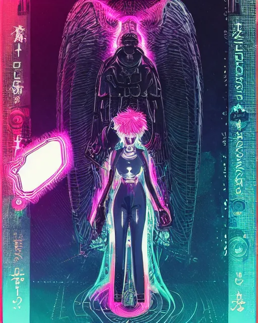 Image similar to white arc - angel with mystic robotic wings, blade runner, akira, ghost in the shell, 2 0 7 7, style of laurie greasley and satoshi kon + symmetric lights and smoke, psychedelic effects, glowing particles, neon rain, glowing runes, de - noise, symmetrical composition, high detailed + tarot card, ornate border, 8 k,