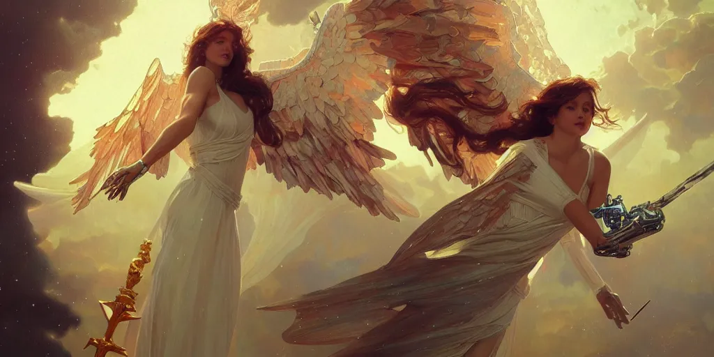 Image similar to robotic angel falling from heaven, girl, beautiful, intrinsicate detail, 4 5 degree angle, la creazione, cosmic clouds, unreal engine, redshift, sword, highly detailed, digital painting, artstation, concept art, sharp focus, illustration, art by greg rutkowski and alphonse mucha