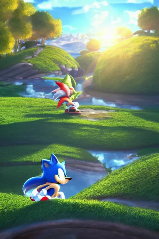 Image similar to sonic the hedgehog windows xp, serene evening atmosphere, soft lens, soft light, cel - shading, animation, in the style of cgsociety, deviantart, artstation, zbrush, cinema 4 d, studio ghibli, akihiko yoshida, atelier lulua, masamune shirow