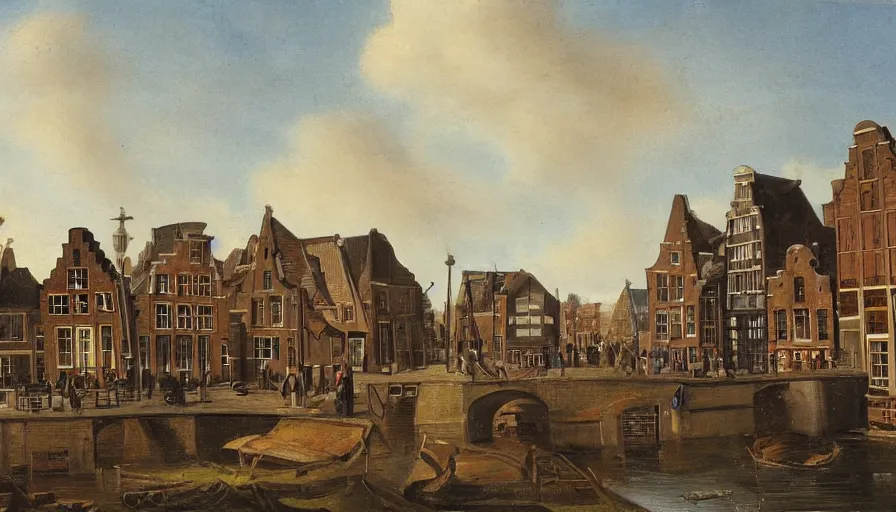 Image similar to dutch townscape scene, isometric view, painting