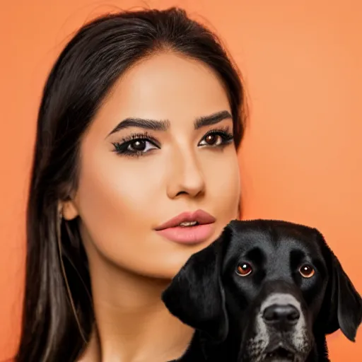 Prompt: a close up of beautiful Estefania Villegas next to her labrador black dog , symmetrical, 8K, octane render, 8K,