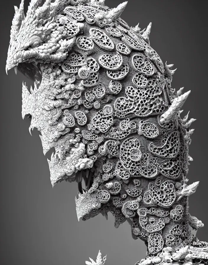 Prompt: bw close - up profile face, beautiful young porcelain intricate bio - mechanical vegetal - dragon - cyborg - female, white metallic armour, white peacock feathers, roots, fine mandelbrot fractal lace, 1 5 0 mm, soft rim light, elegant, hyper real, ultra detailed, octane render, hg giger, 1 6 k