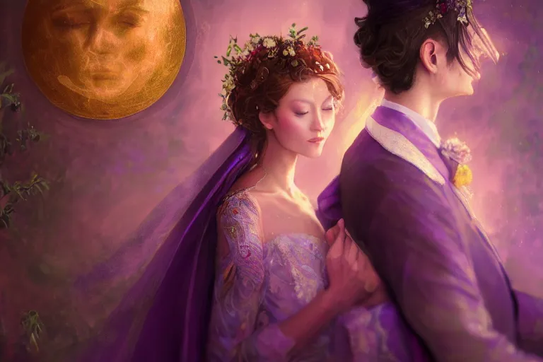 Image similar to a dreamlike cinematic portrait of wedding photograph close up moment of a divine a russia sun god and moon goddess lovers magician at a wedding banquet. portraiture. digital painting. artstation. concept art. fantasy wedding photo. digital painting, 8 k realistic, hyper detailed, violet evergarden art masterpiece by art by krenz cushart