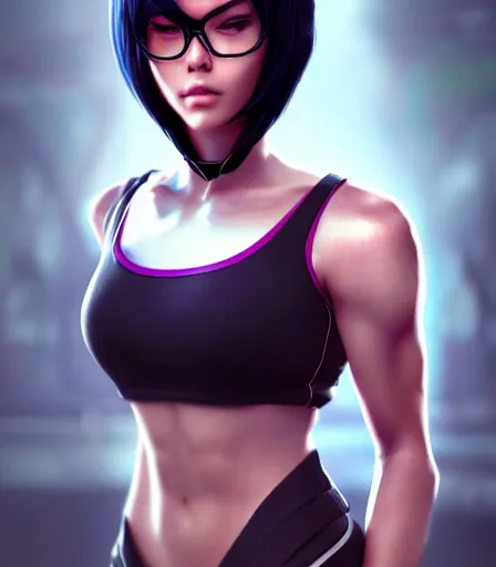 Image similar to beautiful portrait of a gorgeous personal trainer who looks like Bayonetta , character design by charlie bowater, ross tran, artgerm, and makoto shinkai, detailed, soft lighting, rendered in octane