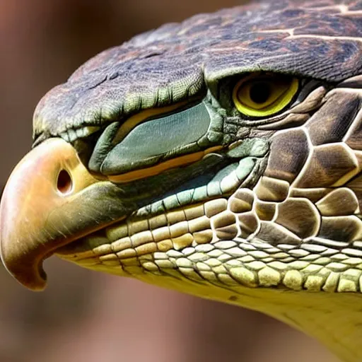 Image similar to hawk and anaconda morphed together, half anaconda half hawk, reptilian and avian features, real photo taken in zoo, highly detailed