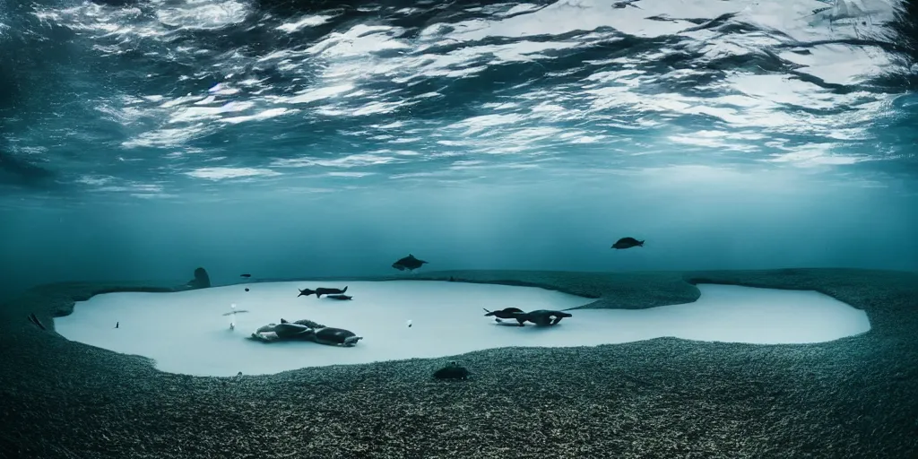 Image similar to a great photograph of the most amazing golf hole in the world under water, fish everywhere, perfect light, ambient light, 5 0 mm, golf digest, top 1 0 0, fog