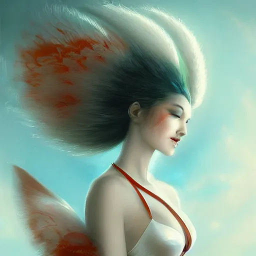 Prompt: prompt A beautiful portrait of a white red orange kumiho, translucent silky dress, a bra made of peacock feathers, close up front view, long clumpy hair in the shape of fox tail, backlit, concept art, matte painting, by Peter Mohrbacher