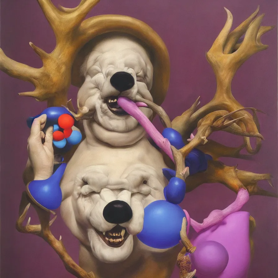 Image similar to rare hyper realistic portrait painting by italian masters, symmetrical composition, studio lighting, brightly lit purple room, a blue rubber duck with antlers laughing at a giant laughing white bear with a clown mask