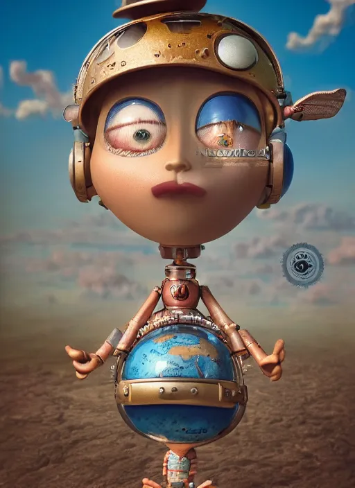 Prompt: closeup face profile portrait of tin toy planet earth, depth of field, zeiss lens, detailed, symmetrical, centered, fashion photoshoot, by nicoletta ceccoli, mark ryden, lostfish, breathtaking, 8 k resolution, extremely detailed, beautiful, establishing shot, artistic, hyperrealistic, octane render