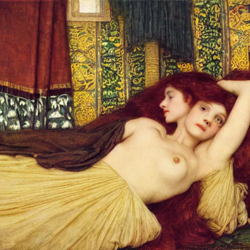 Image similar to preraphaelite photography reclining on bed, a hybrid of judy garland and a hybrid of sappho and eleanor of aquitaine, aged 2 5, big brown fringe, yellow ochre ornate medieval dress, john william waterhouse, kilian eng, rosetti, john everett millais, william holman hunt, william morris, 4 k