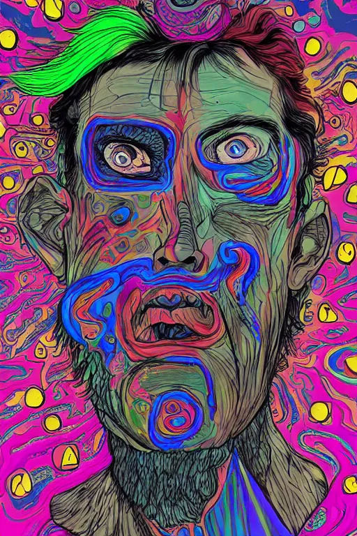 Image similar to a man with a psychedelic face with many deformed and chaotic monsters on his face