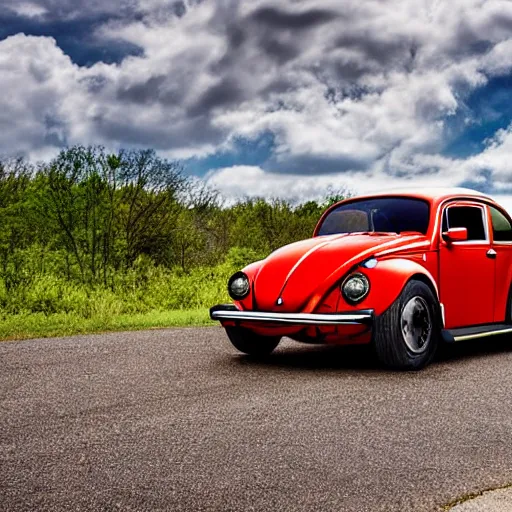 Prompt: promotional scifi - blockbuster movie scene of an insect - ladybug'glossy volkswagen beetle'hybrid. the hybrid is 2 / 3 ladybug. it is flying down a dusty backroad along a gentle creek in smokey mountains tennessee. cinematic, muted dramtic color, 4 k, imax, 7 0 mm, hdr