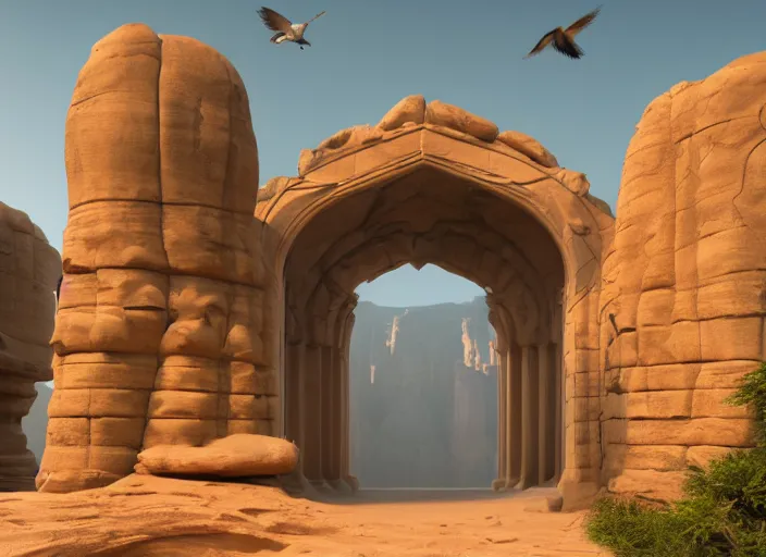 Image similar to A beautiful matte painting of a figure standing infront of a huge sandstone gate, sandstone pillars surrounding the gate, sand in the air, birds in the backgrounds, volumetric lighting, hyper-realistic, Unreal Engine, Vray, 4k, detailed, digital art, trending on Artstation