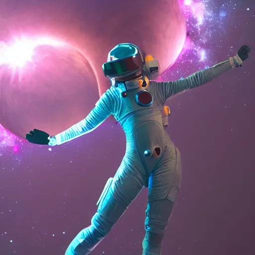 Prompt: a wide shot of a beautiful feminine woman in a spacesuit flying through space with galaxies in the back, epic lighting, digital art, vector art, trending on artstation, highly detailed, octane render