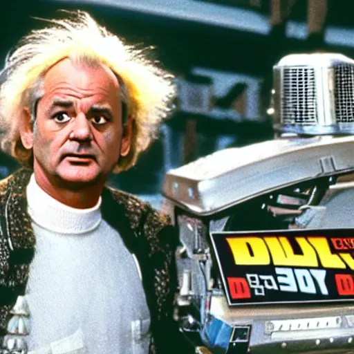 Image similar to bill murray plays doc brown in back to the future, film still, promotional shot