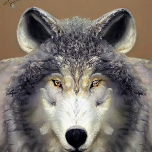 Image similar to wolf sheep head, oil painting, front view, artstation, dramatic lighting, symmetry, beautiful