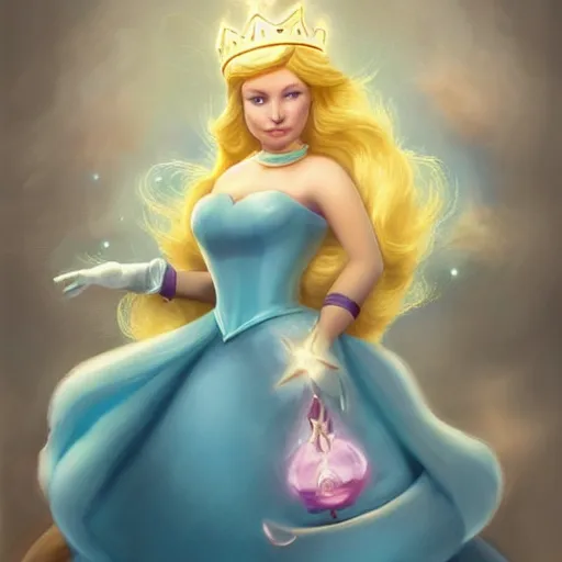 Image similar to princess rosalina from super mario as realistic blond human character, with star luma, art portrait, matte fantasy painting, deviantart artstation, by jason felix by steve argyle by tyler jacobson by peter mohrbacher, cinema c 9. 0