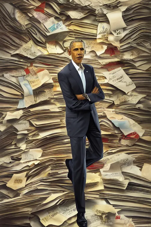 Prompt: obama nervous standing next to a mountain of papers, oil on canvas, intricate, portrait, 8 k highly professionally detailed, hdr, cgsociety