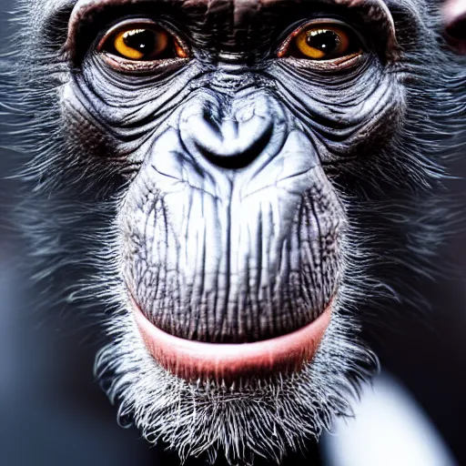 Image similar to a high detail closeup photograph of a chimpanze wearing a suit 👔, award wining photograph, digital art