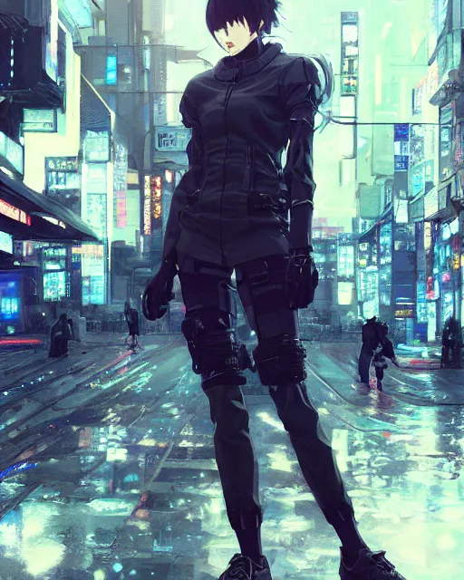 Image similar to kyoto animation, cool lady wearing cyberpunk techwear clothing, beautiful, detailed portrait, cell shaded, 4 k, concept art, by wlop, ilya kuvshinov, artgerm, krenz cushart, greg rutkowski, pixiv. cinematic dramatic atmosphere, sharp focus, volumetric lighting, cinematic lighting, studio quality