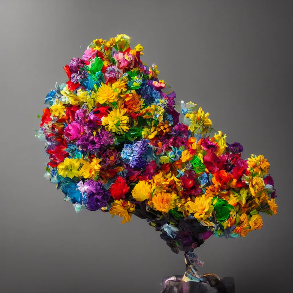 Prompt: A sculpture of a bouquet of flowers made of colored glass, moody lighting, professional studio photography, colored reflected light