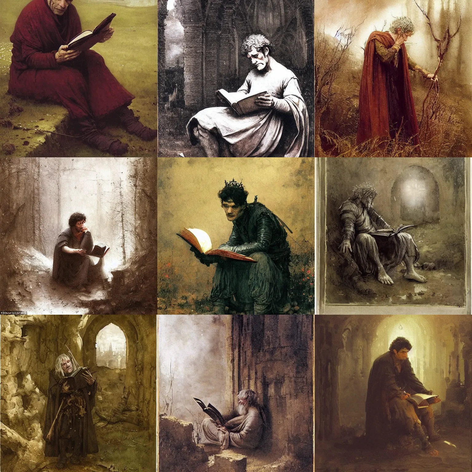 Prompt: a 1 3 th century, enigmatic, melancholic, fae king ( look like ( ( forthy years old james frain ) ), is ( ( reading an old book ) ). light dust, magnificent, hyperdetailed, theatrical, painted by jakub rozalski, jan matejko, and j. dickenson