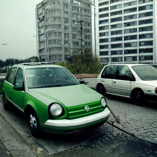 Prompt: green volkswagen passat parked in warsaw, few rubbish bins visible and a base of post - communist apartment complex in the background, the year is 1 9 9 9, award winning photo