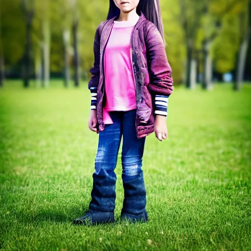 Image similar to a seven years old spanish girl plays on a great green meadow, she wears a jacket, jeans and boots, she has two ponytails, photo taken by a nikon, highly detailed, sharp focus