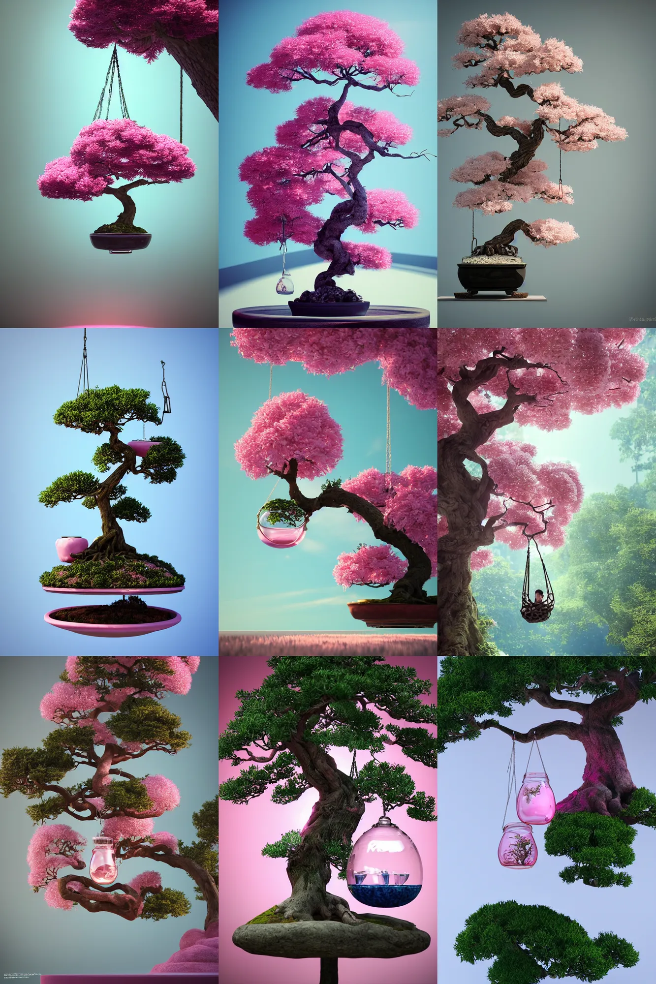 Prompt: swing on a pink bonsai tree inside a glass jar, swing on a tree, intricate detail, blue bonsai, volumetric lighting, epic composition, hyper detailed, ultra realistic, sharp focus, octane render, volumetric, ray tracing, artstation trending, cgsociety, sense of awe, 4 k