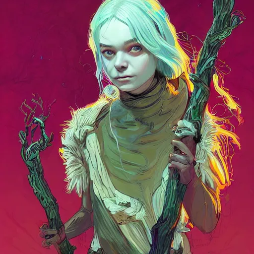 Prompt: a white - haired witch holding a gnarled staff, elle fanning, wisdom of the ages, glowing iridescent accents, digital apex legends illustration portrait, gorgeous lighting, wide angle action dynamic portrait, art by josan gonzalez, bright colors, green and gold palette, high contrast