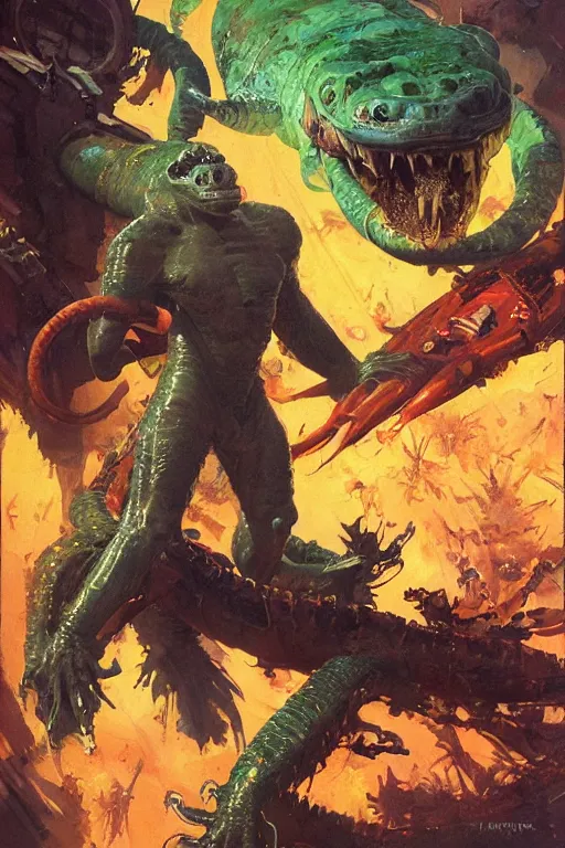 Prompt: full body portrait of martyn ford as huge slimy salamander attacking spaceship, dynamic action, by john berkey, norman rockwell, jack kirby, earle bergey, craig mullins, ruan jia, jeremy mann, tom lovell, marvel, astounding stories, 5 0 s pulp illustration, scifi, fantasy
