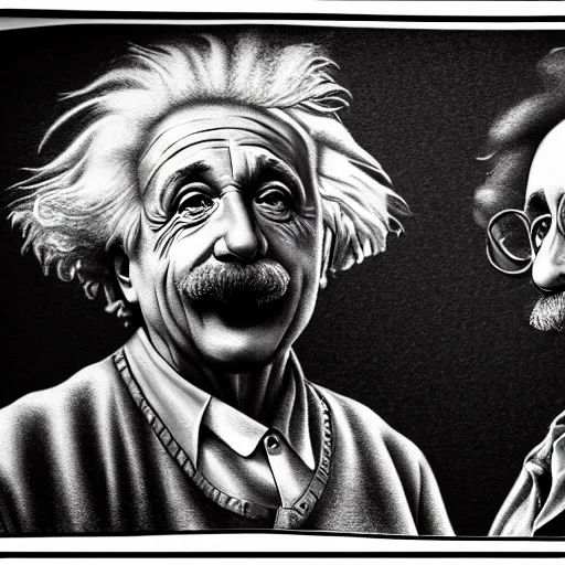 Image similar to Einstein and Newton speaks each other on a topic, pencil drawing, ultra detailed, octane render