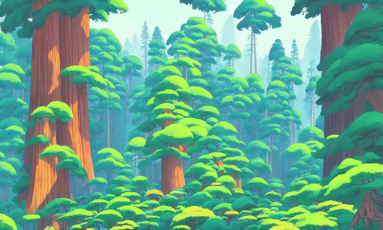 Image similar to Sequoia park in a colorful moutain with beautiful trees , no people, morning, by studio ghibli painting, superior quality, masterpiece, traditional Japanese colors, concept art