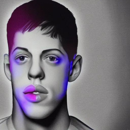 Image similar to pete davidson, illustration, spectral color, inverted colors, 4 k, sad in therapy room