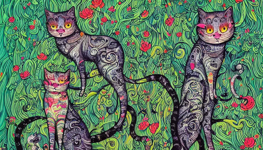 Image similar to highly detailed contemporary acrylic painting of really tall sitting cats by joe fenton, thick brush strokes and visible paint layers, dense overgrown forest background, vivid pastel color scheme