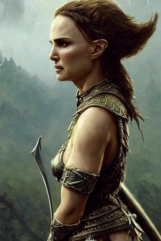 Image similar to natalie portman, legendary warrior, heroic, lord of the rings, tattoos, decorative ornaments, battle armor, by carl spitzweg, ismail inceoglu, vdragan bibin, hans thoma, greg rutkowski, alexandros pyromallis, perfect face, fine details, realistic shading photorealism