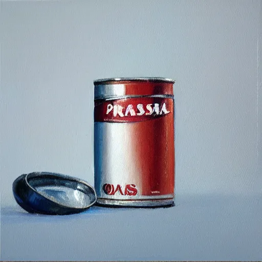 Image similar to In this painting, the artist has used a photo-realist style to depict a can of soup. The can is placed on a plain background, and the artist has used bright, primary colors to create a striking image. The painting is both realistic and abstract brutalism, Prada by Pascale Campion, by Steve Hillier 3d render