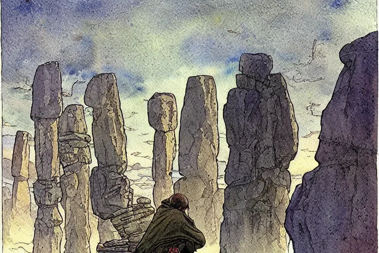 Image similar to a realistic and atmospheric watercolour fantasy concept art of a ufo landing in a floating stonehenge. one dirty medieval monk in grey robes is on his knees praying to the ufo. muted colors. by rebecca guay, michael kaluta, charles vess and jean moebius giraud