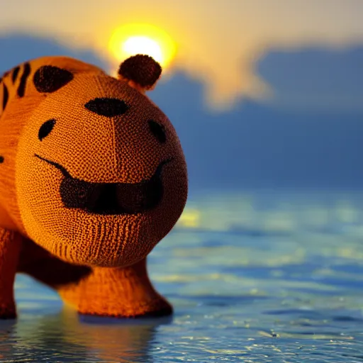 Image similar to a closeup photorealistic photograph of a cute smiling knitted tiger hippopotamus chasing a beachball at sunset. surf in the background. professional capture. this 4 k hd image is trending on artstation, featured on behance, well - rendered, extra crisp, features intricate detail, epic composition and the style of unreal engine.